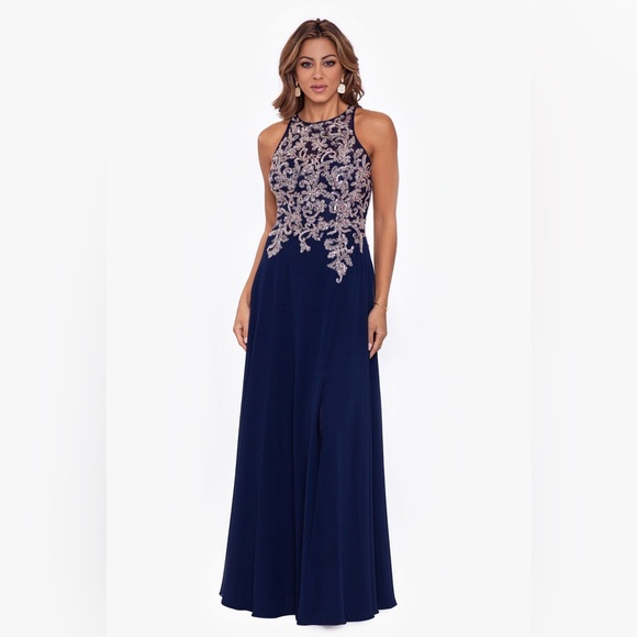 Betsy & Adam Katie Long Chiffon Beaded Halter Dress Size 10 Navy Blue Rose Gold - Picture 1 of 14